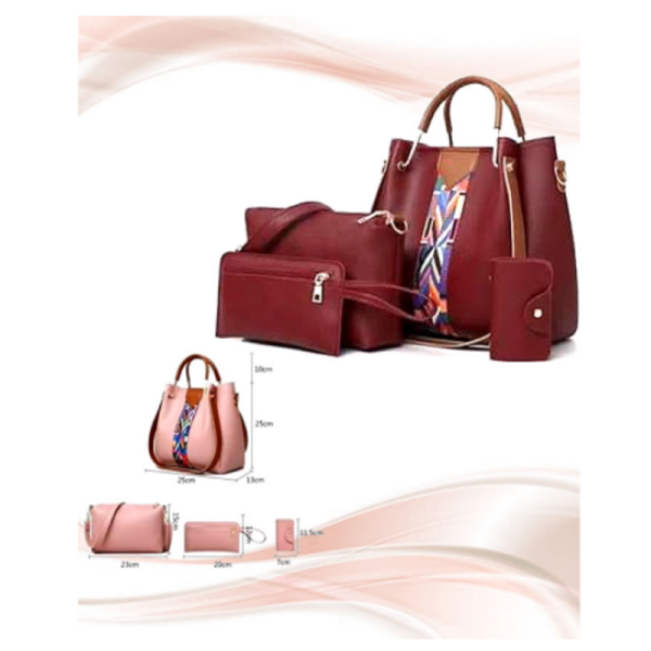 Luxurious Maroon Leather Handbag 4pcs Set Details